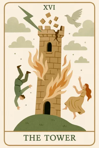 A modern tarot illustration of The Tower card